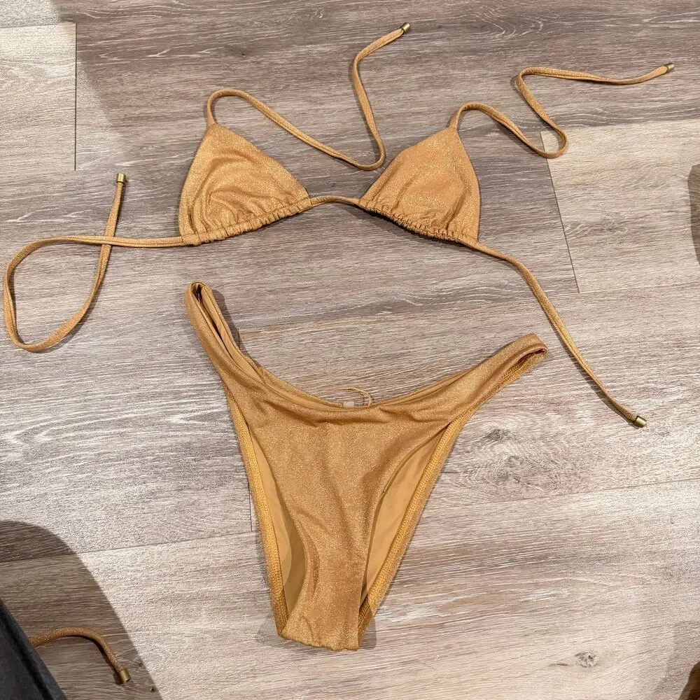 Vitamin A Gia Golden Glow Metallic Triangle Bikini Set Size Small